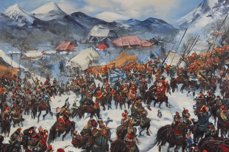 Image similar to painting of the balkan tatars invading a city in arctic bulgaria, oil on canvas