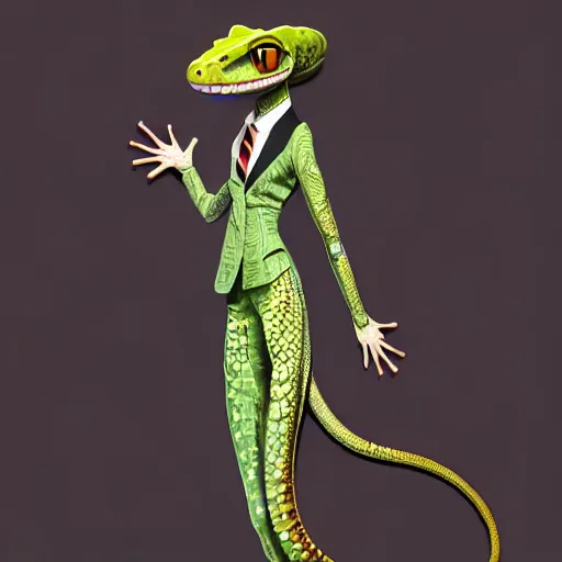 Image similar to fullbody!! personification of a gecko as a business woman wearing a suit, stunning, beautiful face, hyperrealistic, trending on artstation, smooth and sharp, intricate, fine details, highly detailed, elegant, dynamic pose, radiant light, detailed and intricate environment, professional character concept art by tatyana kupriyanova and greg rutkowski and raymond swanland