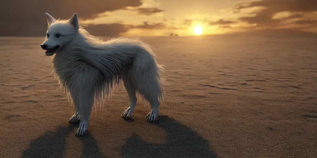 Prompt: a scary, evil, malevolent robotic canine appearance like a japanese spitz, robotic parts fused with the body and head, on a beach at sunset, this 4 k hd image is trending on artstation, featured on behance, well - rendered, extra crisp, features intricate detail and the style of unreal engine. golden hour