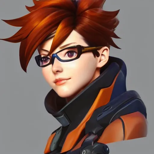 Prompt: a character bust portrait of Tracer from Overwatch, concept art, colorful, clean, proportionate, magical lighting, artstation, pinterest