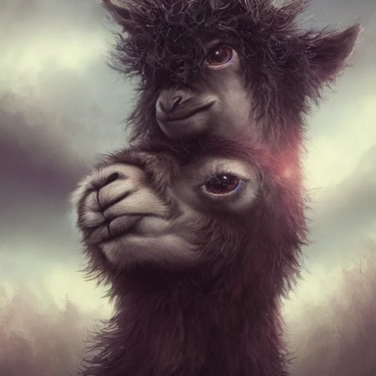 Image similar to highly detailed portrait of emo alpacas, eyeshadow, goth makeup, piercings, unreal engine, dark fantasy art by greg rutkowski, loish, rhads, ferdinand knab, makoto shinkai and lois van baarle, ilya kuvshinov, rossdraws, tom bagshaw, alphonse mucha, global illumination, radiant light, detailed and intricate environment