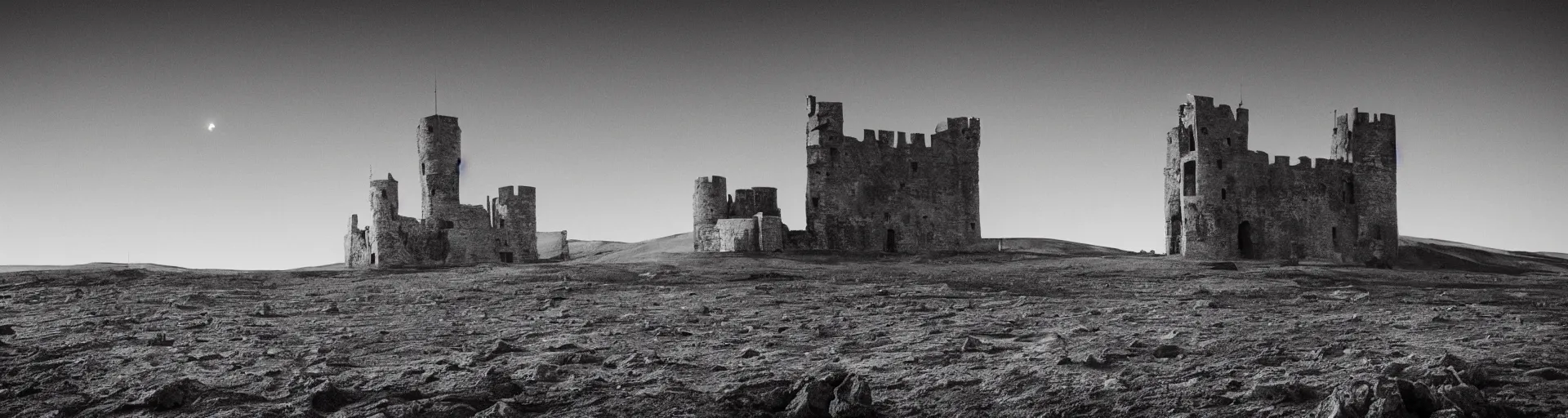 Image similar to landscape photography of the lunar surface with a spooky medieval castle tower on the far left