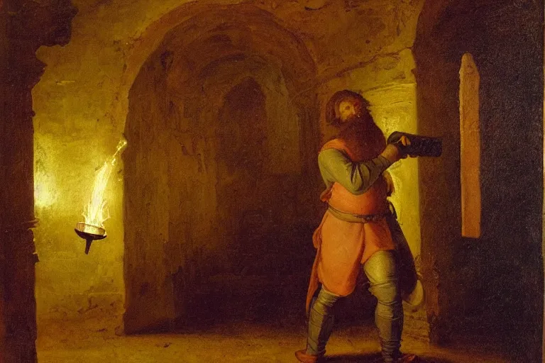 Image similar to a bearded man holds a torch and explores a Dungeon, luminous, Renaissance Painting