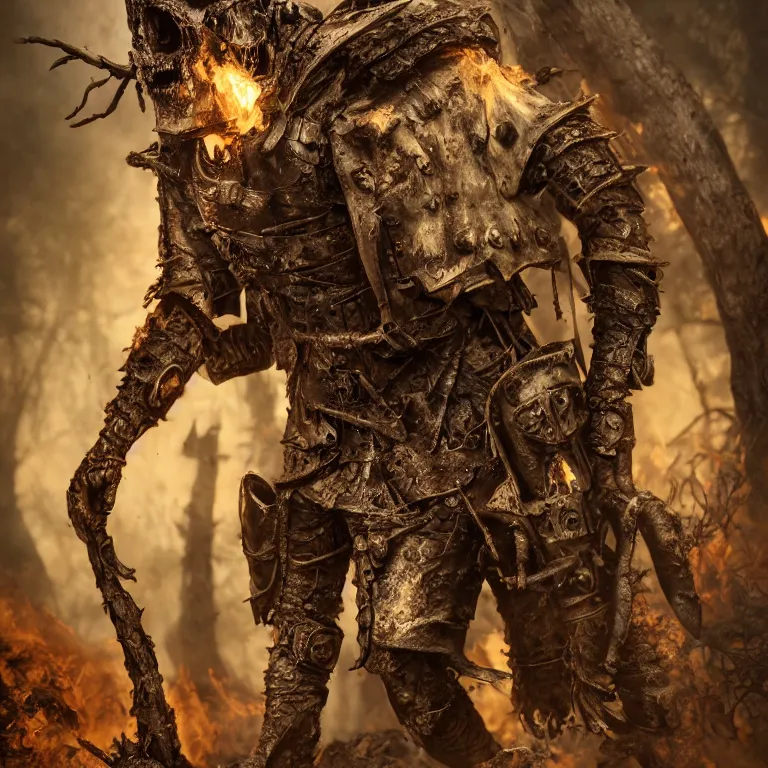 Prompt: undead armoured man in burned forest full of smoke, fantasy style, highly detailed, smooth, sharp focus, character portrait, portrait, concept art, intricate details, medieval poster, dark athmosphere, 8 k. lifelike. nikon d 8 5 0