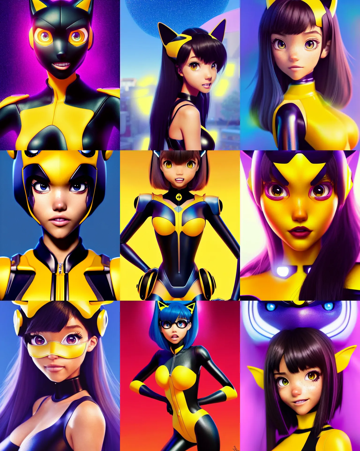 Prompt: pixar anime movie poster portrait photo : : of ( jessica alba x madison beer ) as catgirl bumblebee cyborg by weta, marvel : : by wlop, ilya kuvshinov, rossdraws, artgerm, artstation, unreal engine : : rave makeup, pearlescent, morning, vogue cover : :