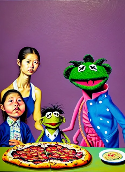 Image similar to hyper detailed painting of an muppet family in japanese clothes in an old italian restaurant eating flamingo pizza and drinking blue wine by Bel Fullana, Rhys Lee, Storm Thorgerson, and Danny Fox, neo expressionism art, semi naive, rich deep colors. Allison Schulnik painting, part by Adrian Ghenie and Gottfried Helnwein. art by Ron Mueck. masterpiece