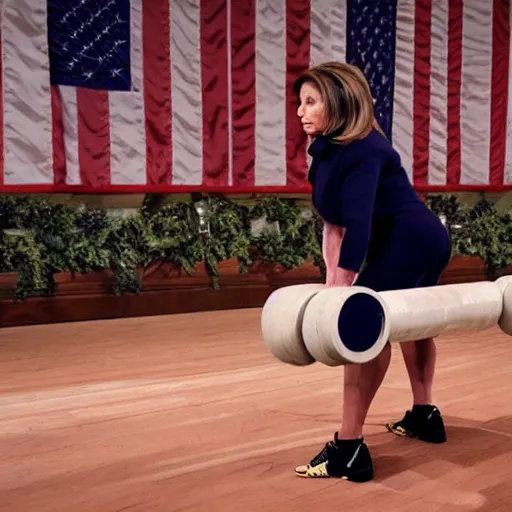 Image similar to nancy pelosi deadlifting 5 0 0 pounds, realism, fine details, unreal, render, cinematic, epic, volumetric lighting