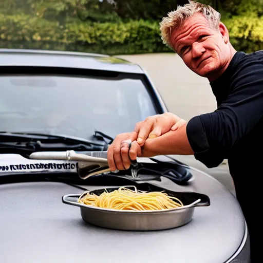 Prompt: <photo hd>Gordon Ramsey cooking spaghetti on the hood of his car</photo>