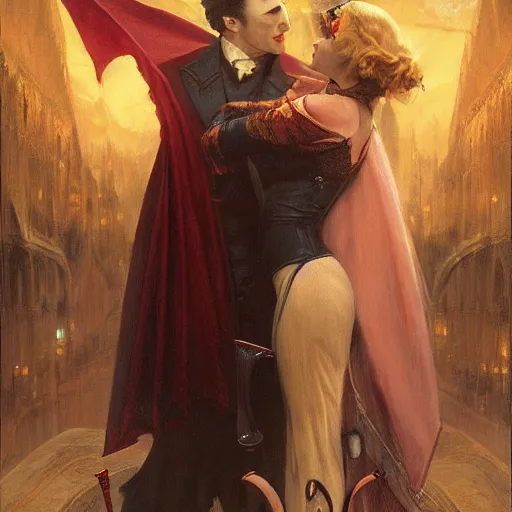 Image similar to attractive male, arthur pendragon confesses his love to attractive male dracula the vampire. highly detailed painting by gaston bussiere, craig mullins, j. c. leyendecker 8 k