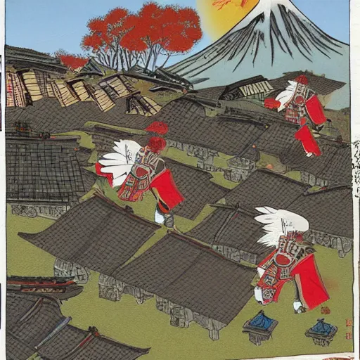 Image similar to Samurai chickens attack a village on the foothill of mount Fuji