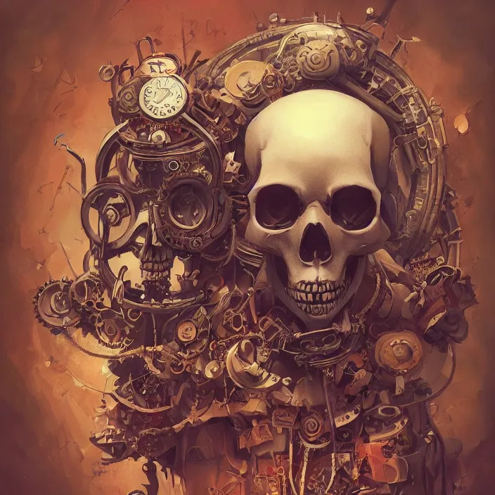 Prompt: a beautiful painting of a steampunk skull by sergey kolesov and vania zouravliov and pascal blanche and rhads. in style of colorful comic noir illustration, symmetry, hyper detailed. octane render. trending on artstation