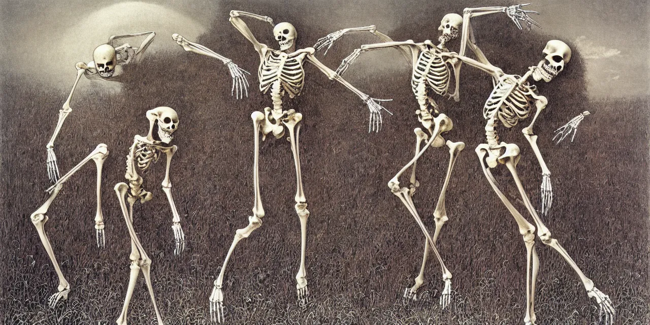 Prompt: eastern european springtime skeleton dancing by zdzisław beksinski and gustave dore and alphonse mucha