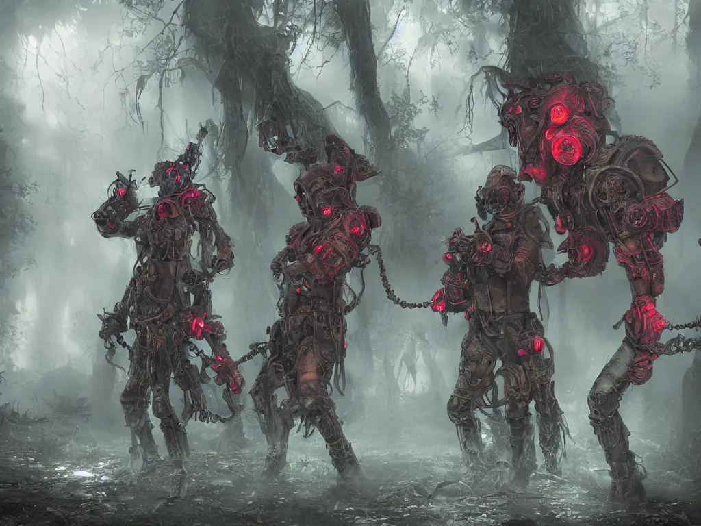 Prompt: between mystical misty swamps a renaissance style monster hunters unit in red hoods with giant dieselpunk-style walkers, armed with edged weapons. Volumetric lighting bioluminescence, plasma, neon, brimming with energy, electricity, power, Colorful Sci-Fi Steampunk, Dieselpunk Biological Living, cel-shaded, depth, particles, lots of reflective surfaces, subsurface scattering
