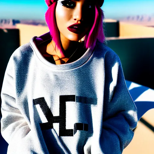 Image similar to photographic portrait of a streetwear woman, closeup, on the rooftop of a futuristic city overlooking a desert oasis, sigma 85mm f/1.4, 4k, depth of field, high resolution, 4k, 8k, hd, full color