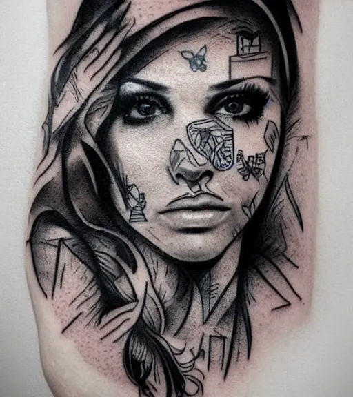 Image similar to realism tattoo sketch of liz katz face double exposure mountain scenery, in the style of matteo pasqualin, amazing detail, sharp, faded