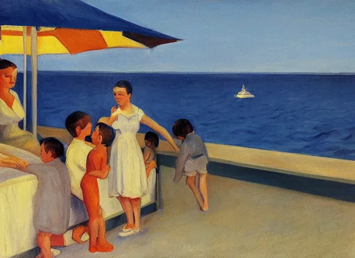 Prompt: detailed painting of mother with two sons aged 6 and 9 on vacation in the druskininkai resort by edward hopper