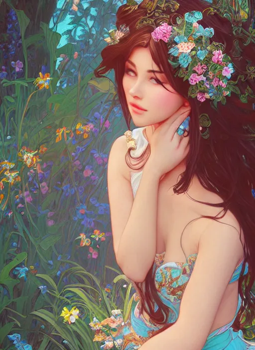 Image similar to beautiful girl with long turqoise hair in a garden, cute, intricate, highly detailed, digital painting, trending on artstation, concept art, smooth, sharp focus, backlit, rim light, vivid colors, illustration, unreal engine 5, 8 k, art by rossdraws and alphonse mucha