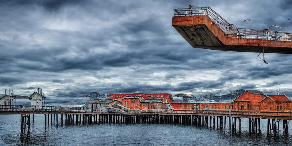 Prompt: pier in Oslo with aurora, digital art, amazing details, beautiful view