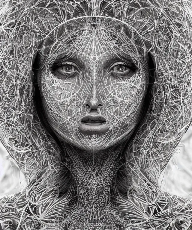 Image similar to An epic photo illustration of female symmetrical portrait by Michael Sydney Moore, Alex Grey, hyper detailed, 50mm, award winning photography