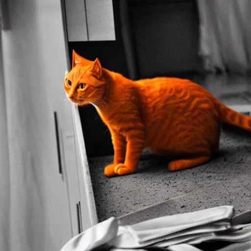 Image similar to an orange cat staring at a drawer ~ on fire ~ fire ~ high - resolution photo ~