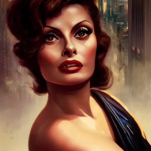 Prompt: closeup portrait of a young sophia loren as a 1 9 2 0 s femme fatale, city background, megacity, high fantasy, dramatic light, gorgeous view, depth, high detail, digital art, painted by greg rutkowski, trending on artstation