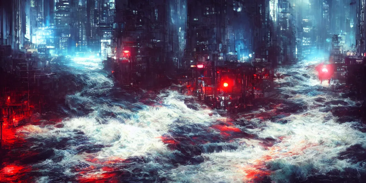 Image similar to street level view of turbulent river rapids rushing through a city at night , volumetric lighting, blue and red glowing lights, 4k, octane, digital painting, artstation, concept art, sharp focus, illustration, high contrast, high saturation , cinematic film still, by Jeremy Mann