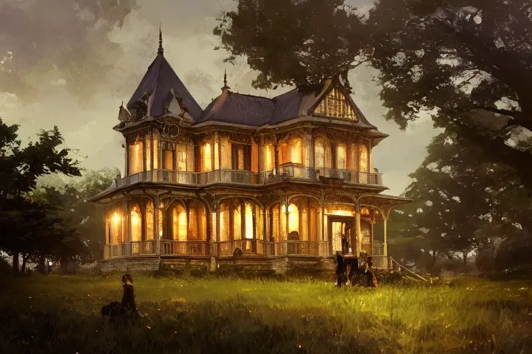 Image similar to an ornate victorian house, party inside, scene in an open field. 1 8 9 0, key visual, conceptart, ambient lighting, highly detailed, digital painting, artstation, concept art, sharp focus, by makoto shinkai and akihiko yoshida and greg manchess