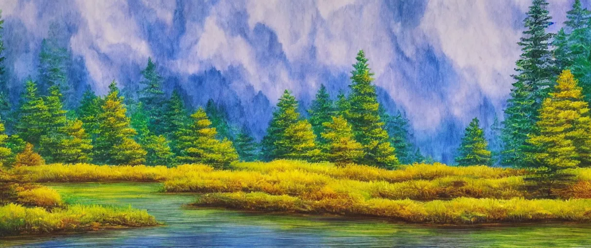Image similar to a beautiful unique landscape photo influenced by bob ross. photo - realistic. adventure backround bob environment forest germany jungle lake landscape lordoftherings nature painterly painting peacefull quiet relaxing river ross sea sketching sketchy study tree trees woods zeland thumler minzketchbook new