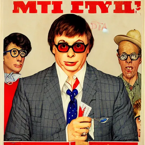 Image similar to frontal portrait of austin powers international man of mystery. a portrait by norman rockwell.