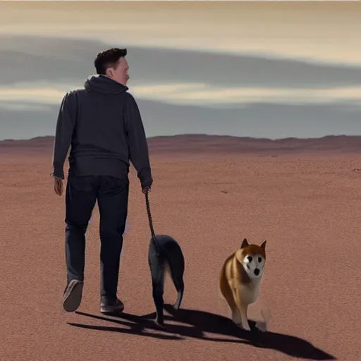 Image similar to a realistic photography of Elon Musk walking a Shiba Inu dog on Mars, beautiful space, interstellar, 8k