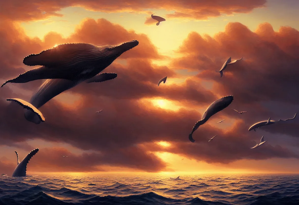 Prompt: magnificent whales flying up over the sea, autumn sunset, ultra high definition, ultra detailed, symmetry, fog, matte painting, by greg rutkowski and ross tran and wlop and roger dean