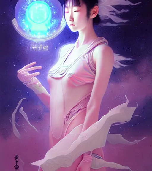 Image similar to Japanese teen beautiful celestial Goddess wearing a futuristic lush spacesuit exposed in cryo chambers by James Jean, intricate, majestic, chic, elegant, highly detailed, centered, digital painting, high-end pink light, artstation, concept art, smooth, sharp focus, illustration, by Peter Mohrbacher, WLOP