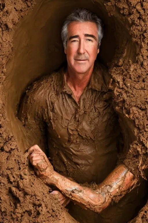 Image similar to cinematic still randy mantooth covered in mud emerging from inside a giant hole made of flesh, 4 k, dramatic lighting