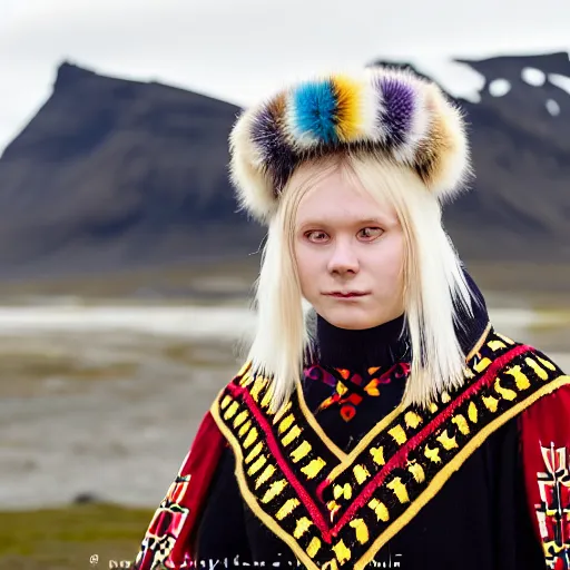 Image similar to symmetry!! portrait photograph of an extremely beautiful!!!! young blonde scandinavian woman with symmetric face. with a very detailed raven!!! on her shoulder. wearing traditional greenlandic national colorful costume or kalaallisuut. in iceland. petzval lens. shallow depth of field. on flickr, art photography,