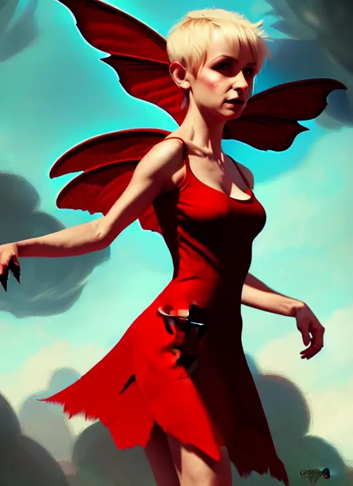 Image similar to Full-body illustration of tiny pixie, D&D fantasy, wearing a red dress, with large wings, intricate, highly detailed, digital painting, artstation, concept art, sharp focus, illustration, art by greg rutkowski and Ross Tran