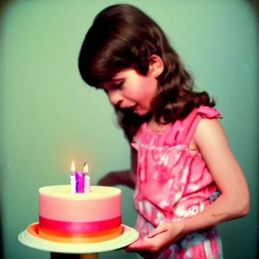 Prompt: birthday part for a young girl in 1976, she is blowing out the candles on a birthday cake. ektachrome photograph, volumetric lighting, f8 aperture, cinematic Eastman 5384 film