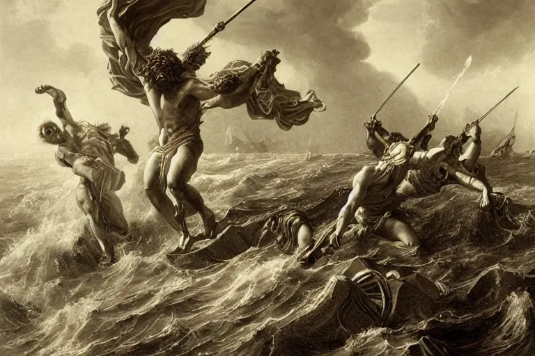 Image similar to highly detailed and cinematic romantic, edge of the universe, the great roman demigod with a gladius, symmetrical face, magical, roman myth, masterpiece, crashing waves, lightning, highly detailed painting by gustave dore