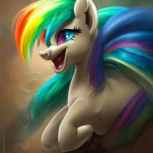 Image similar to portrait of a menacing beautiful Rainbow Dash, short muzz, pegasus pony mare, top half of body, My Little Pony, by Stanley Artgerm Lau , greg rutkowski, thomas kindkade, alphonse mucha, loish, norman rockwell, J. C. Leyendecker. bright rainbow mane, pastel blue fur, angry complexion, beautiful detailed eyes, black rose frame. D&D, fantasy. Trending on artstation rule of thirds extremely detailed old illustration hd 4k