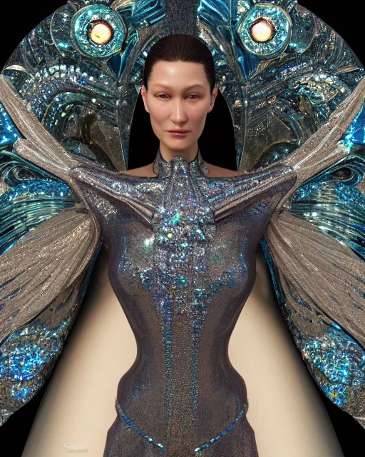 Image similar to a highly detailed metahuman 8 k close up render of bella hadid evangelion renaissance in iris van herpen dress schiaparelli in diamonds crystals swarovski and jewelry iridescent in style of alphonse mucha gustav klimt trending on artstation made in unreal engine 4