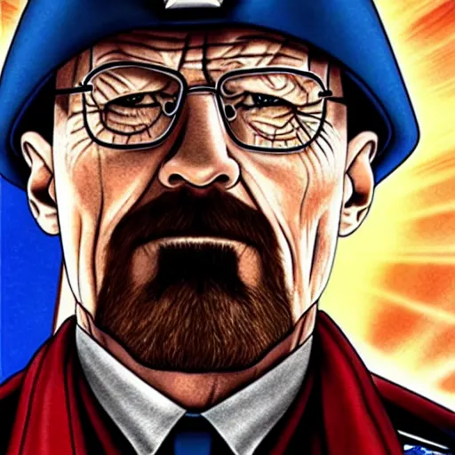 Image similar to hyper realistic photo of walter white donning a captain america suit