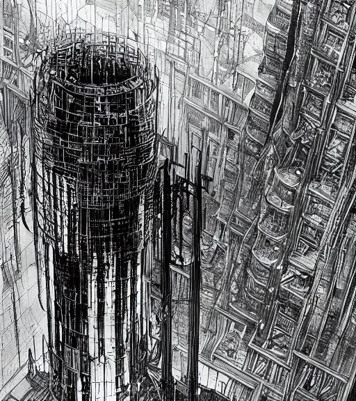 Image similar to tarkovsky scene, epic ancient tower of babylon below a woman in transparent cyber clothing, hyperrealistic, blame, manga style, by tsutomu nihei, cyber architecture, concept art, hyper - detailed, smooth, masterpiece, epic, cinematic, high quality