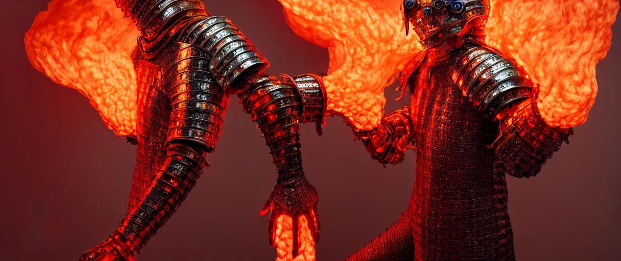 Prompt: hyperrealist highly detailed english medieval portrait of high fashion monster wearing flame fire smoke flame armor, radiating atomic neon corals, concept art pascal blanche dramatic studio lighting 8k wide angle shallow depth of field