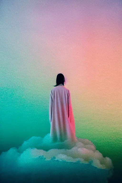 Image similar to high quality pastel coloured film close up wide angle photograph of a model wearing clothing swimming on cloud furniture in a icelandic black rock!! environment in a partially haze filled dreamstate world. three point light, rainbow. photographic production. art directed. pastel colours. volumetric clouds. pastel gradient overlay. waves glitch artefacts. extreme facial clarity. 8 k. filmic.