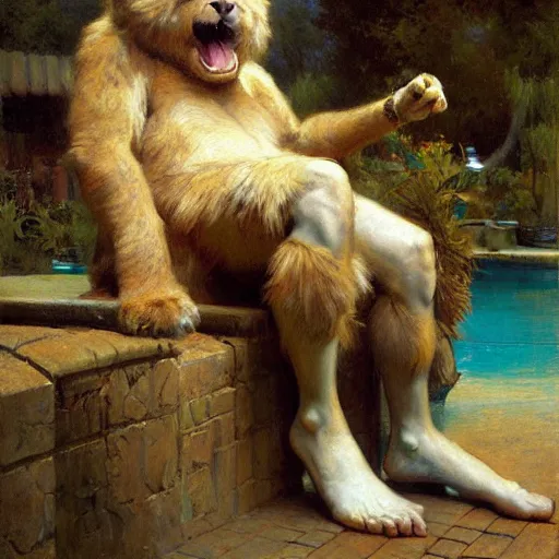 Image similar to a portrait of a very furry human with an animal's head in the pool, furry body, furry arms, furry legs, furry tail. highly detailed painting by gaston bussiere, craig mullins, j. c. leyendecker, furry