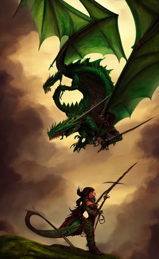 Prompt: epic fantasy dungeons and dragons scene, female halfling rogue, dragonrider, flying on top of a green dragon, green dragon, waterdeep, black hair, rogue, fantasy, red leather corset, cinematic, beautiful lighting, heroic, digital art, sky, mountain