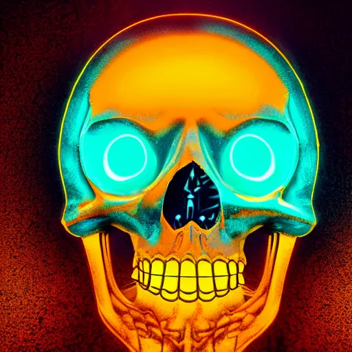 Prompt: psychedelic skull with a hood connected to a robotic body made of rusty metals holding a floating neon orb, electricity, high detail, cinematic lighting