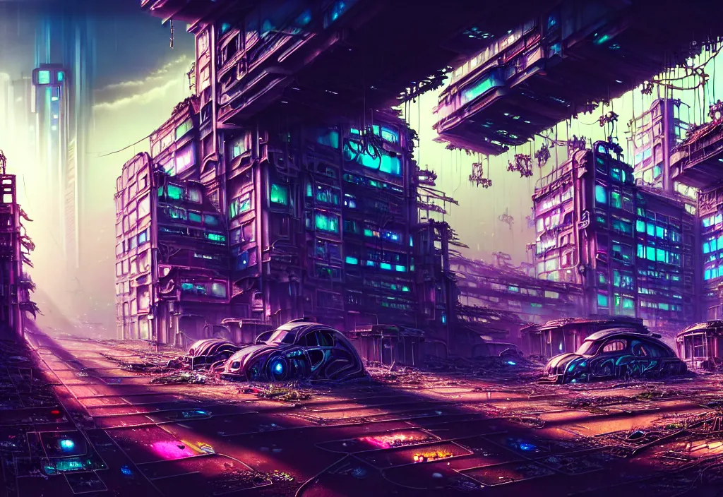Prompt: A highly detailed crisp wide view of A beautiful futuristic cyberpunk abandoned dystopia city building with futuristic bright lights, plants allover , godray, sunlight breaking through clouds, clouds, debris on the ground, abandoned machines bright happy colors, chaotic , nitid horizon, factory by wangchen-cg, 王琛,Neil blevins, artstation, Gediminas Pranckevicius