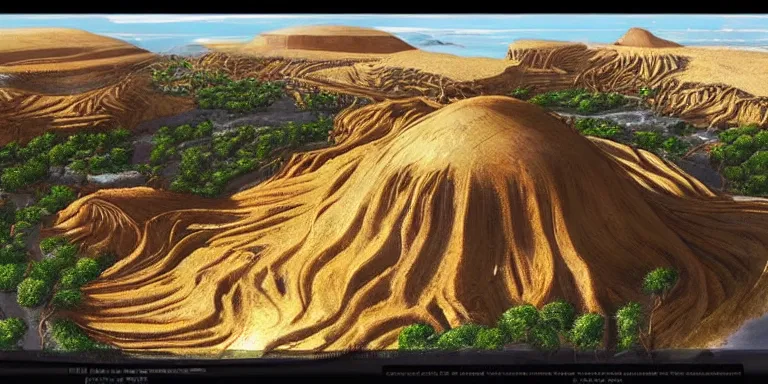 Prompt: a lemon and wood ridden world, extinct species, epic land formations, detailed, wide shot.