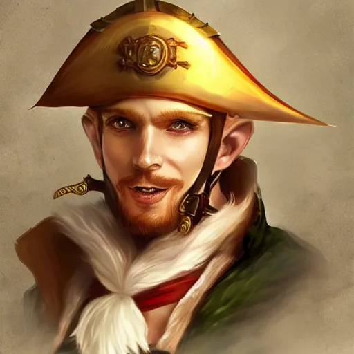 Prompt: dashing charming ginger grinning charismatic elf male rogue, wearing pirate captain's tricorne hat, naval background, amazing, portrait, stunning, trending on art station, artgerm, Greg rutkowski