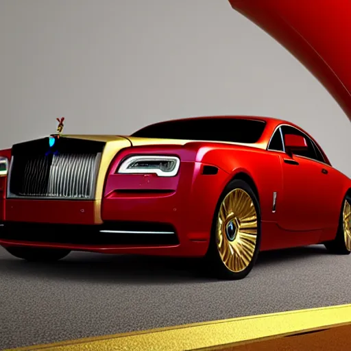 Prompt: 3 d octane render, super detailed, ray tracing, high quality, super realistic, futuristic red black and gold rolls royce. front view. aspect ratio 1 6 : 9
